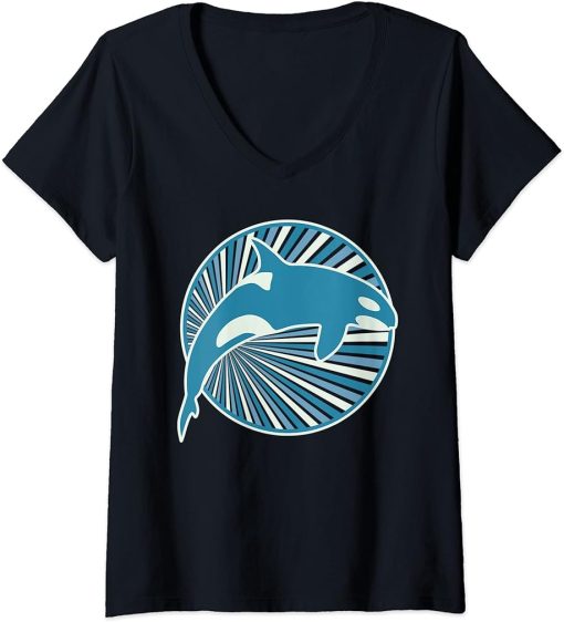 Womens Retro Orca Whale V-Neck T-Shirt