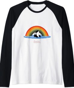 Orca Killer Whale Rainbow Retro Love Raglan Baseball Tee