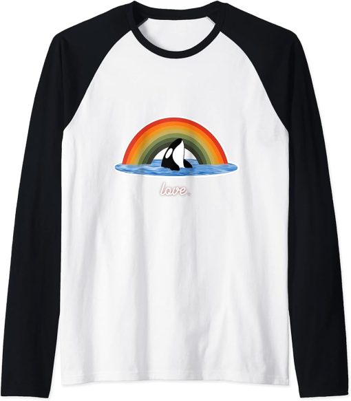 Orca Killer Whale Rainbow Retro Love Raglan Baseball Tee