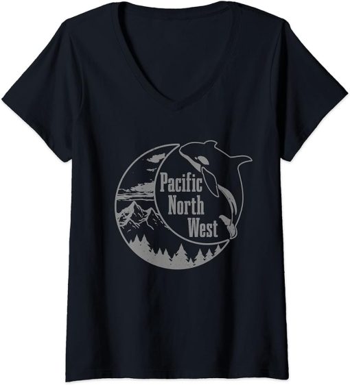 Womens Pacific Northwest PNW Orca Whale Oregon Washington V-Neck T-Shirt