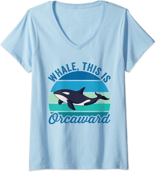 Womens Whale This Is Orcaward Funny Orca Pun Women Girls Kids Whale V-Neck T-Shirt