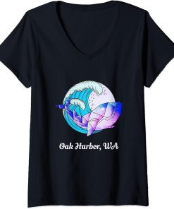 Womens Oak Harbor WA Japanese Paint Geometric Orca Killer Whale V-Neck T-Shirt