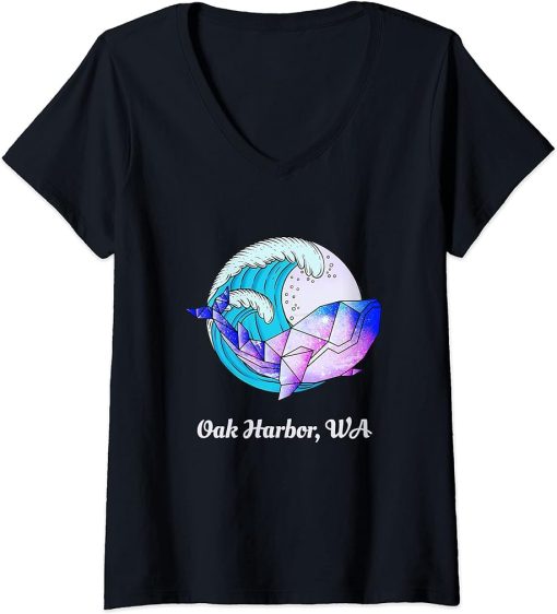 Womens Oak Harbor WA Japanese Paint Geometric Orca Killer Whale V-Neck T-Shirt