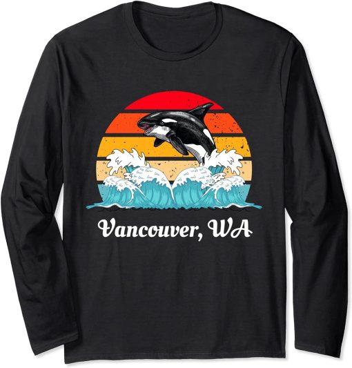 Vintage Vancouver WA Distressed Orca Killer Whale Art Long Sleeve T-Shirt