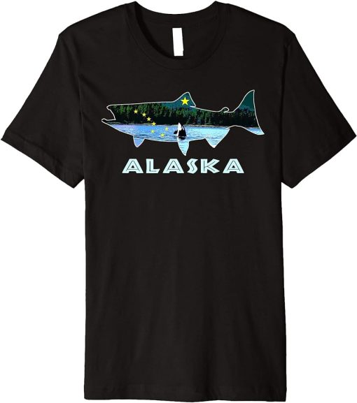 Alaska King Salmon Fishing Vacation State Flag Orca Gift Premium T-Shirt