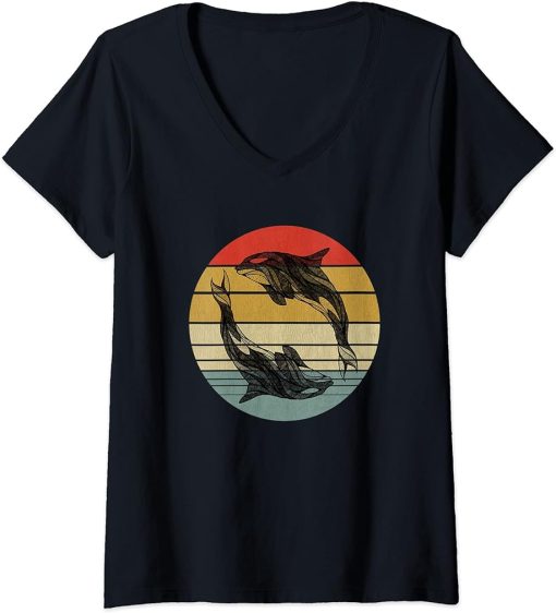 Womens Vintage Orca Killer Whale Family Retro Orcas Women Kids V-Neck T-Shirt